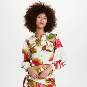 FARM RIO spring forest cropped linen blend shirt